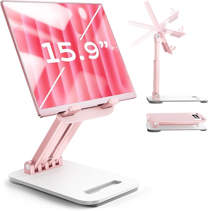 LISEN Tablet Stand for iPad Stand Holder Desk, Foldable Home Office Desk Accessories Travel for iPad Holder Dorm College Essentials Portable Monitor Pink Sorbet for Girls