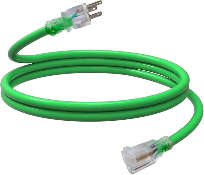 EP 6 Ft Outdoor Extension Cord, 12/3 SJTW Heavy Duty Waterproof Power Cable, 3 Prong Grounded Plug, Lighted End, for Lawn, Garden, Appliances, Green