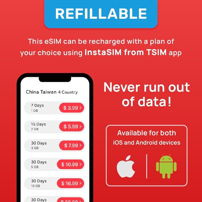 China Hong Kong Macau Taiwan eSIM | 10GB Super Saver Refillable Plan! QR Code Sent via Email in 24Hrs - Scan & Use Immediately | Auto Activating 30 Day Validity | Hotspot | Data-Only No Phone Number