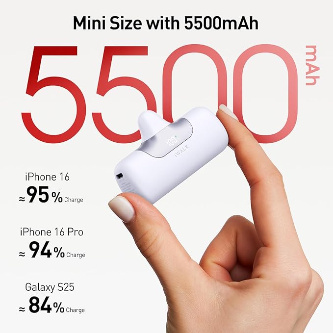 iWALK Portable Charger 5500mAh Next-Gen Small Power Bank 22.5W Fast Charging Battery USB-C Portable Phone Charger for iPhone 17/16/15 17 Plus 17 Pro Max iPad, Samsung Galaxy S25 S24 S23 Android, White