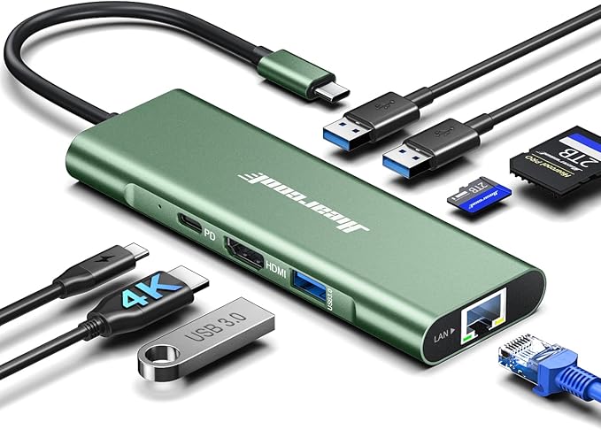 Hiearcool USB C Hub, 8 in 1 USB C Hub Multi-Port Adapter with Gigabit Ethernet, USB C to 4K@60Hz HDMI Dock Dongle for MacBook Pro Air M1 M2 and Type C Laptops-Green