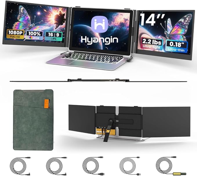 2025 Upgraded 14" Triple Laptop Screen Extender, Ultra-Thin 1080P FHD Displays for Laptop, Ultra-Light Triple Monitor for 13.3-17.3" Laptops, Compatiable with Windows/Mac/Chrome OS and Mobile Devices