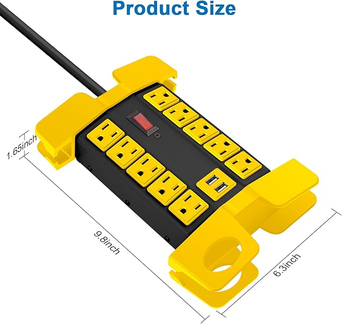 CCCEI Heavy Duty Power Strip with USB Ports, Garage 10 Outlets Surge Protector 2700 Joules, Industrial Workshop Metal 15Amp Multiple Outlets, 25 FT Extension Cord and Wide Spaced Black