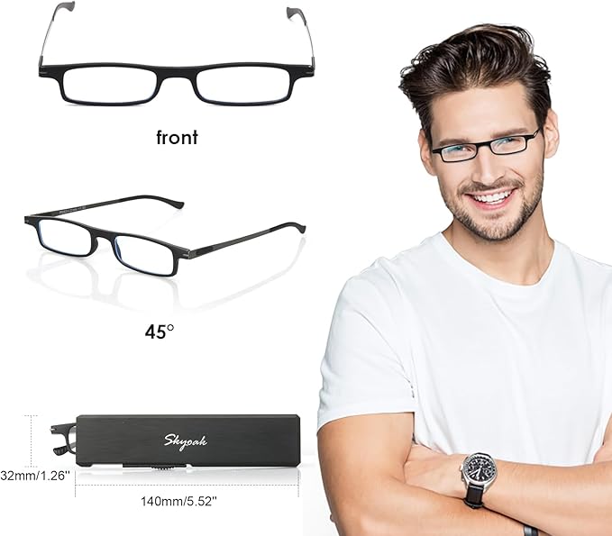 Ultra thin Lightweight Folding Reading Glasses Women Men TR90 Blue Light Blocking Anti UV/Eyestrain Foldable Compact Computer Readers Portable Unique Stretchable Slim Flat case Black +1.25