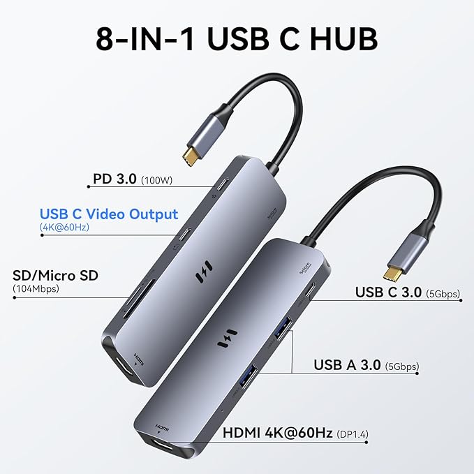 USB C Hub HDMI Adapter for MacBook Pro/Air, 8 in 1 USB C Video Hub with HDMI 4K@60Hz,SD/TF,USB C Data Port,100W PD,USB 3.0 USB CDongle Compatible for Dell XPS/Lenovo Thinkpad/HP/Surface/Yoga etc