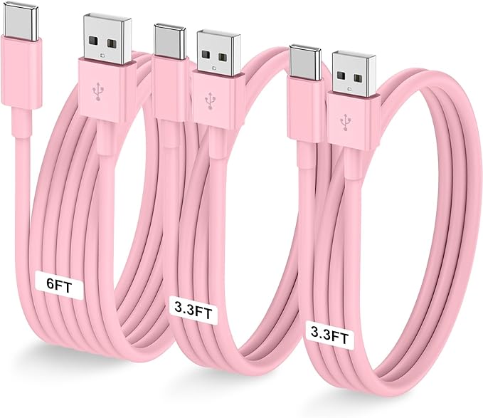 3-Pack Pink [3.3FT+3.3FT+6FT] USB A to USB C Cable，USB to USB C Car Carplay Cable for iPhone 16 15 Pro Plus Pro Max，for iPad Pro/Air/Mini，for Samsung S24/S23/S22，for MacBook Pro/Air and More