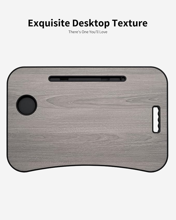 Foldable Lap Desk, Laptop Bed Desk, Portable Lap Table, Laptop Bed Table with Cup Holder & Tablet Slot & Lifting Handle for Working Writing Drawing & Eating - Gray Wood