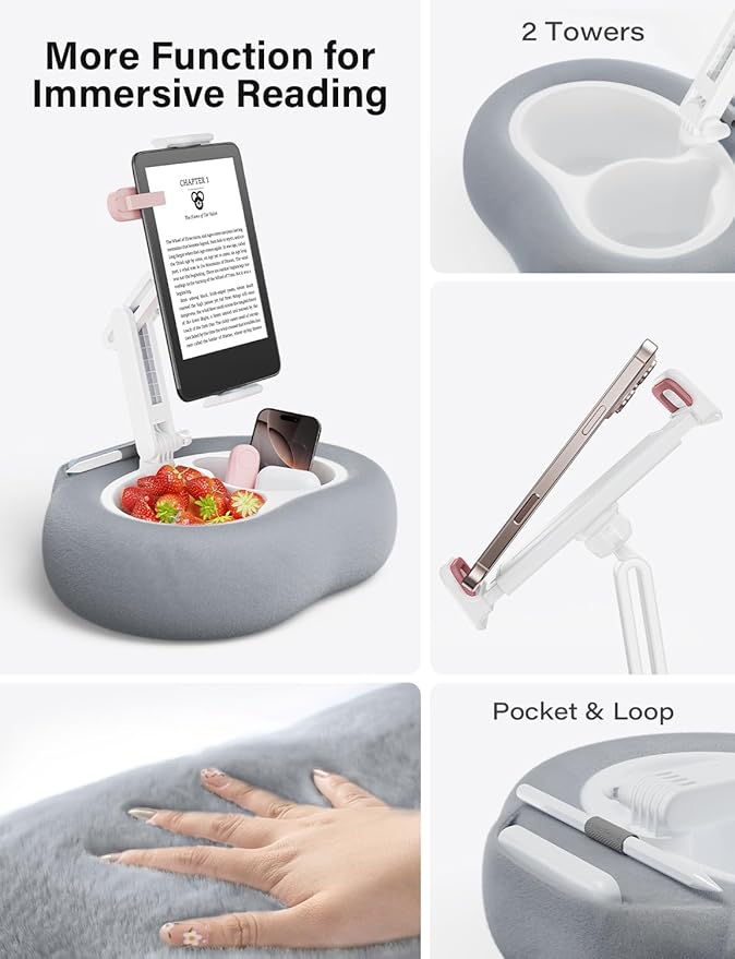 Tablet Kindle Pillow Stand Holder with 2 Trays Fit 4''-13'' Phone/Tablet/Kindle iPad Holder Stand for Bed with Soft Plus Fabric Reading Accessories Gift for Reading, Gray
