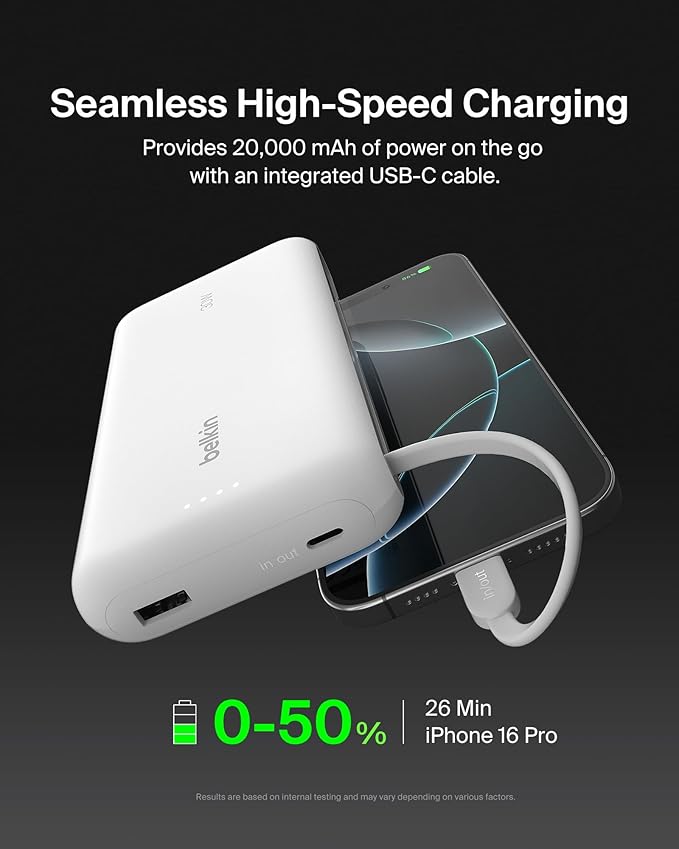 Belkin Portable Charger, Power Bank with Integrated Cable 20000 mAh 30W - Fast Charging USB C Power Delivery, iPhone Charger - iPhone 17, Air, Pro, Pro Max, iPad, Galaxy S25, & More - White
