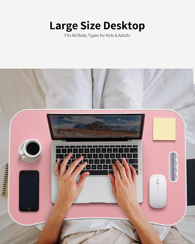 Foldable Lap Desk, Laptop Bed Desk, Portable Lap Table, Laptop Bed Table with Cup Holder & Tablet Slot & Lifting Handle for Working Writing Drawing & Eating - Pink
