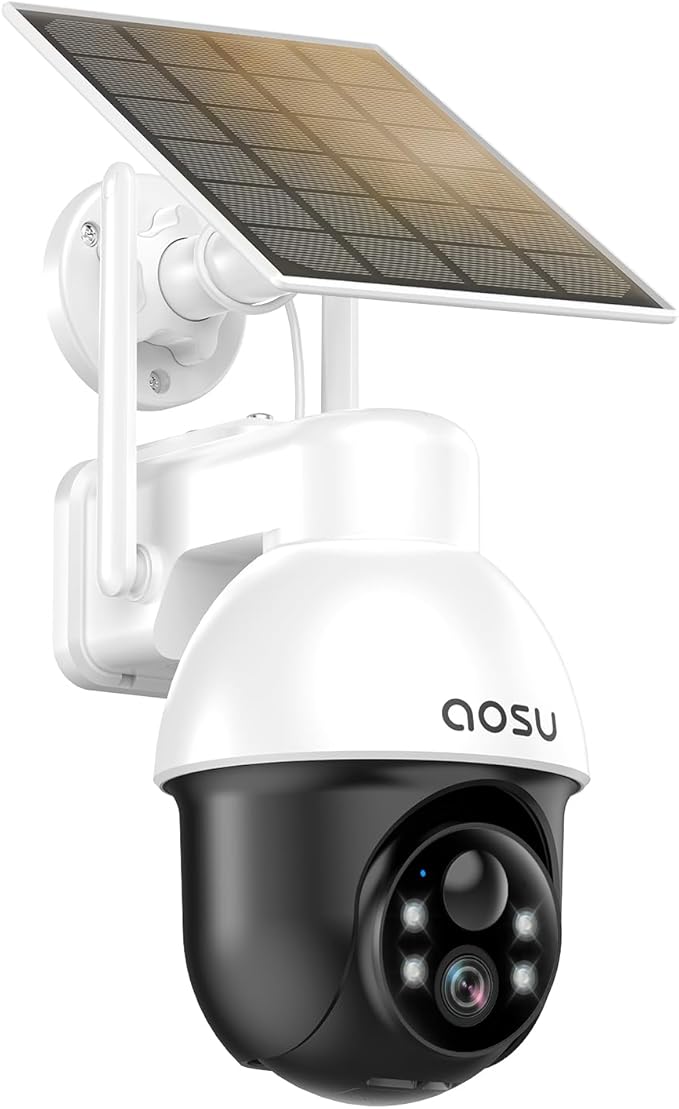 AOSU Solar Security Camera Wireless Outdoor with Panoramic PTZ, Human Auto Tracking, 2K Night Vision, Light and Sound Alarm, 2-Way Audio, Compatible with Alexa/Google Assistant