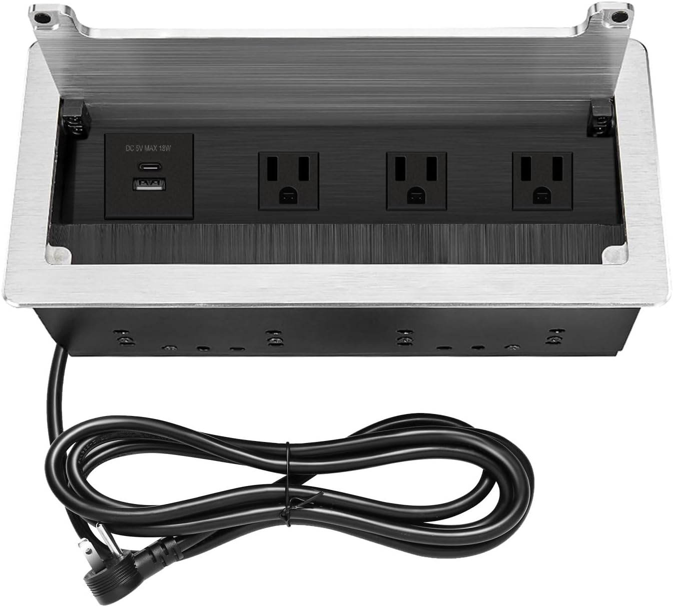 Table Outlet Embedded Desk Outlet, 3 AC outlets, USB-A, USB-C Fast Charging 18W, 8FT Long 16AWG UL Cable Power Supply 1875W Used for Home Office desks Flat Plug - Silver