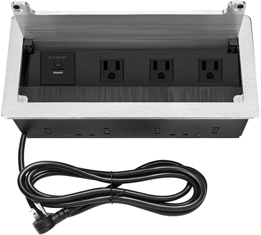 Table Outlet Embedded Desk Outlet, 3 AC outlets, USB-A, USB-C Fast Charging 18W, 8FT Long 16AWG UL Cable Power Supply 1875W Used for Home Office desks Flat Plug - Silver