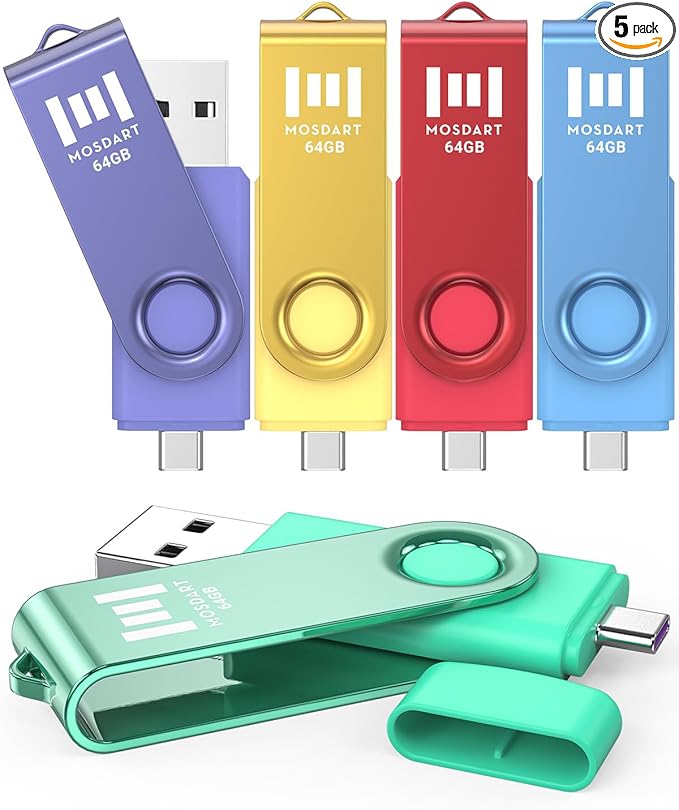 MOSDART 64GB USB 2.0 C and A Dual Flash Drive, exFAT Memory Stick, for iPhone 15 and 16, Android Phone, iPad, MacBook, and Other Laptops, Vibrant Colors (Pack of 5)