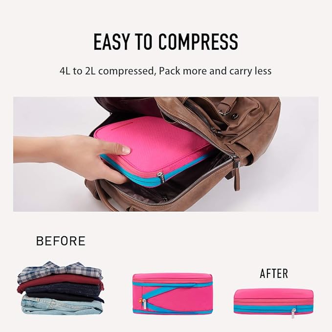 Bee Nesting BeeNesting Waterproof Compression Packing Cubes 5/6/8 sets, Large Travel Packing organizers for Carry on Luggage, 2 Sides Expandable Storage Bags (Blue Red, 4L)