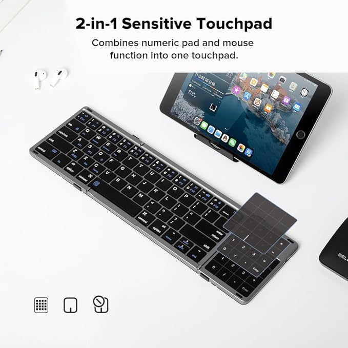 DeLUX Foldable Keyboard with Touchpad and Numeric Keypad, 2.4G Wireless and Bluetooth, Rechargeable Portable Travel Folding Keyboard with PU Leather, for iOS Android Windows Tablet (KF18)