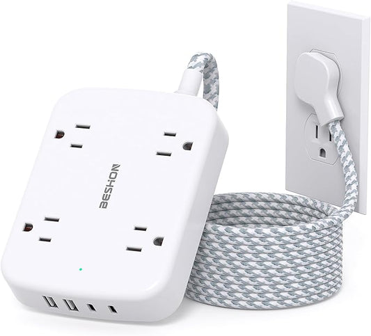 Surge Protector Power Strip with 2 USB C - BESHON 5 Ft Flat Extension Cord Flat Plug Power Strip, 4 Widely Outlets and 4 USB Charging Ports, Outlet Extender, 900 Joules, for Home Dorm Room Essentials