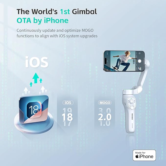 COMITOK Only for iPhone, MOGO [Apple MFi Certified] Gimbal Stabilizer for iPhone Stabilizer for Video Recording, Native Camera Control by Remote & Apple Watch, Background Mode Tracking in iOS26