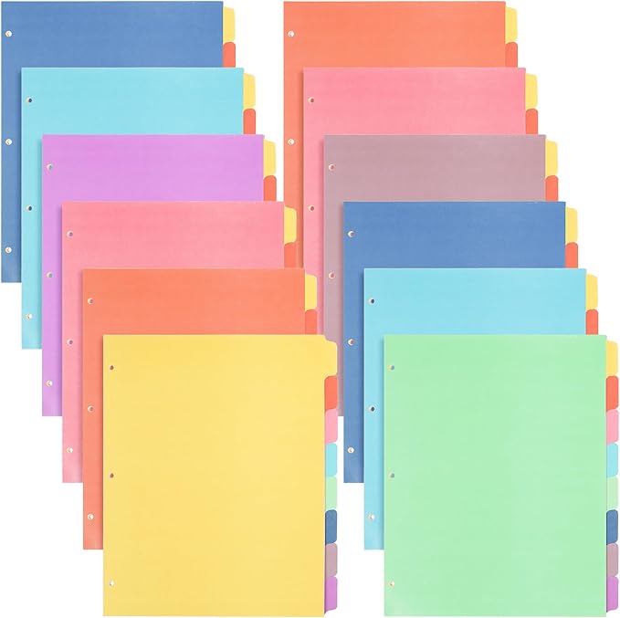 Honoson 12 Sets 8 Tab Dividers for 3 Ring Binders Plastic File 8.5 x 11 Inch Paper Multicolor Page Binder Index Dividers for School Office(Bright Color)