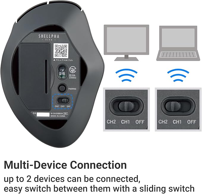 ELECOM Bluetooth Mouse Ergonomic Shape, Silent Click, 18-Month Battery Life, 2000DPI, 5 Buttons, Optical Sensor, Compatible with PC, Mac, Laptop, SHELLPA, Black (M-SH20BBSKBK)