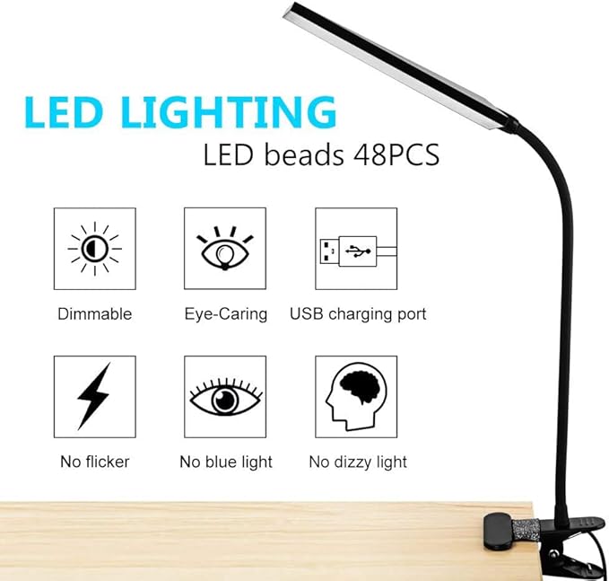 RAOYI LED Desk Lamp, 5W USB Clip on Light Eye-Caring Reading Clamp Table Lamp with 48 LEDs Flexible Gooseneck, 3 Color Modes and 14 Brightness Levels for Office Bedroom Study (Black)