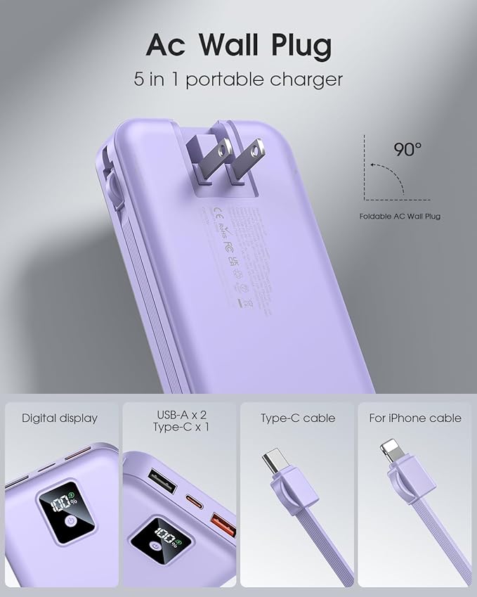 Portable Charger Built-in Cables and AC Wall Plug, 12000mAh power Bank, USB C 22.5W Fast charging Phone Charger ,Compact Lightweight External Battery Pack for iPhones, iPad, Samsung，Tablets, etc.