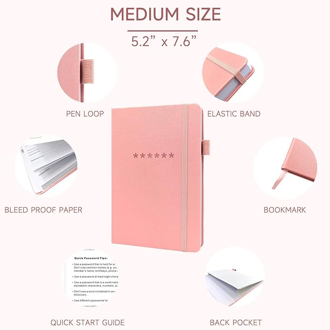 Password Book with Alphabetical Tabs – Hardcover Internet Address & Password Organizer – Password Keeper Notebook for Computer & Website – 5.2 x 7.6" Log-in Password Journal w/Thick Paper (Pink)