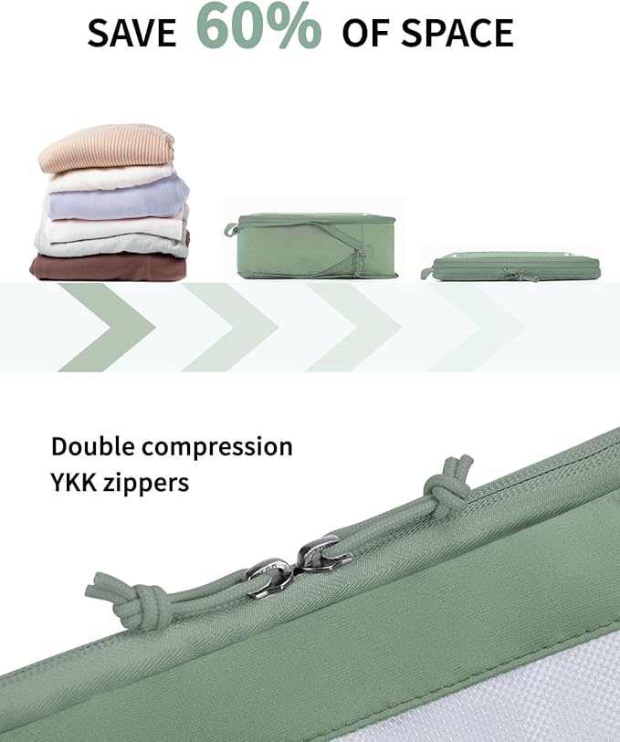 ECOHUB 5 Set Compression Packing Cubes for Suitcases Organiser Bags Set Travel Essentials with Shoe Bags for Travel Tear-resistant Travel Accessories with ID Tag Expandable Packing Bags(Green)