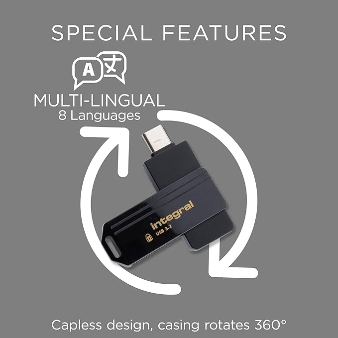 Integral Secure 360-C 16GB Software Encrypted USB Flash Drive - USB-C Connector - 256-bit AES encryption - Compatible with Mac, MacBook, PC, Laptop