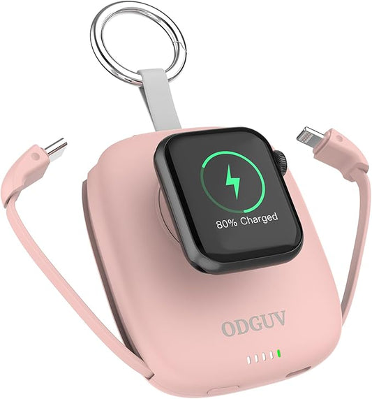 Small Portable Charger 5000mAh,iWatch Wireless Charger Mini Power Bank with Built-in Cable,Travel Keychain Charger for Apple Watch 10/9/Ultra2/8/Ultra/7/6/Se/5/4,iPhone 17/16/15/14/13/12,Android Phone