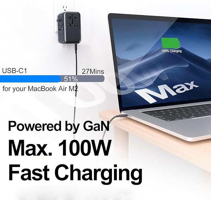 JMFONE Universal Travel Adapter with GaN 100W,International Power Plug Adapter 5 Port [4*USB C+1*USB A] and Multi AC Sockets, All-in-one Travel Outlet Plugs for 200+ Countries