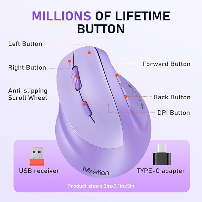 MEETION Left-Handed Mouse, Ergonomic Mouse Wireless Vertical Mouse, RGB Rechargeable Mice for Bluetooth(5.2 + 3.0) & USB-A with Type-c Adapter 4 Adjustable DPI for Mac/Windows/PC/Tablet/iPad Purple