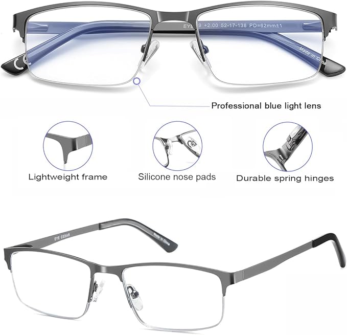 EYECEDAR 5 Pack Blue Light Blocking Reading Glasses for Men Computer Eyeglasses Metal Half Frame Spring Hinges Readers for Men 1.25