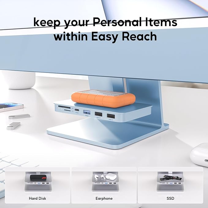 iMac Accessories for iMac24 inch 2021/2023/2024, PULWTOP iMac Hub with M.2 NVMe SSD Enclosure, i-Mac USB C Hub USB A/C 10Gbps, SD/TF, i-Mac USB Adapter for iMac24 M1/M3/M4 or Studio Display 27 inch