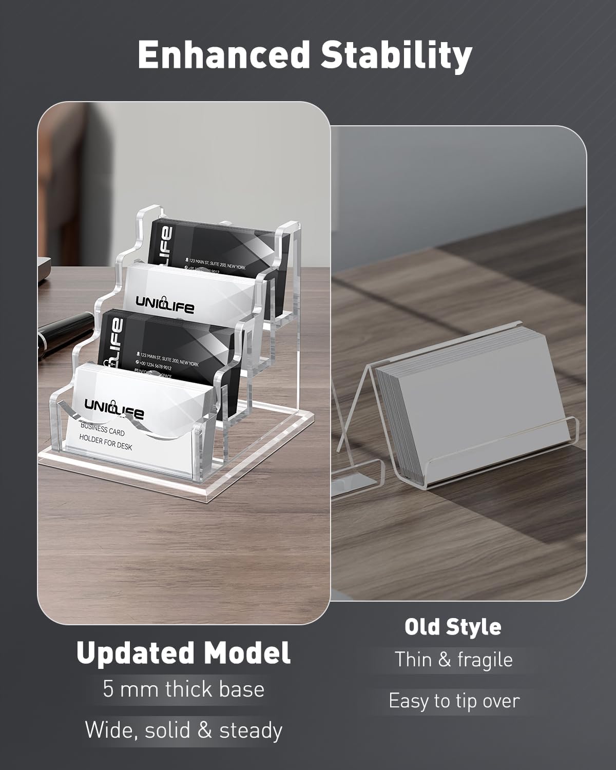 Uniclife Acrylic Business Card Holder for Desk 4 Slots Clear Horizontal Business Card Display Stand for Men & Women Desktop Name Card Organizer Card Stand for Office Home Exhibition, 240 Card Capacity