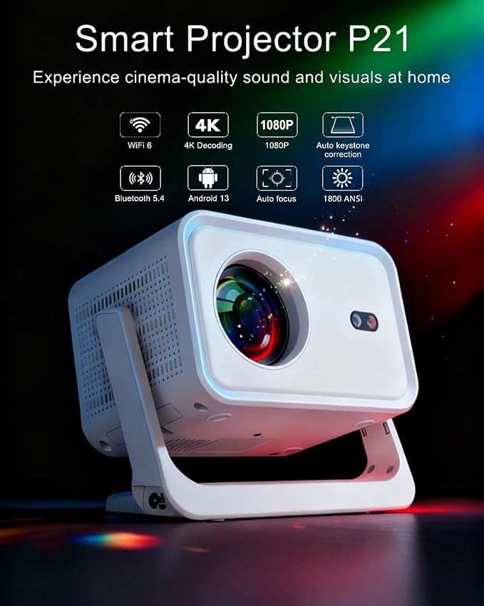 [1800 ANSI Lumens/ Auto Focus] 2025 Upgrade 5G WiFi Bluetooth Projector, 4K Supported Native 1080P Full HD Smart Proyector with 360° HiFi Sound for Home Theater Outdoor Movie Night