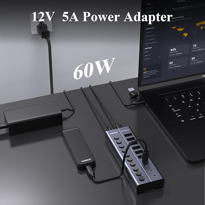FIDECO 60W Powered USB Hub for Laptop and PC, 10-Port 10Gbps USB Splitter with 12V 5A Power Adapter, Aluminum USB 3.2 Gen 2 Multiport Adapter, 6 USB-A and 4 USB-C Ports, Support BC1.2 Charging