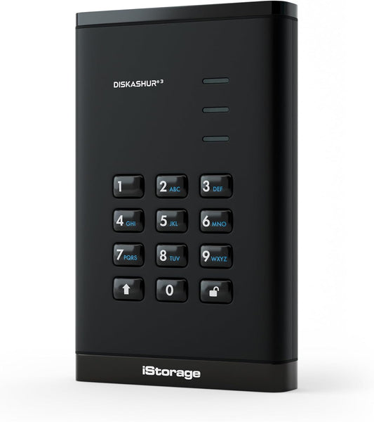 iStorage diskAshur3 HDD 2TB Black - Secure Portable Hard Drive - Password Protected - Dust & Water Resistant - Hardware Encryption