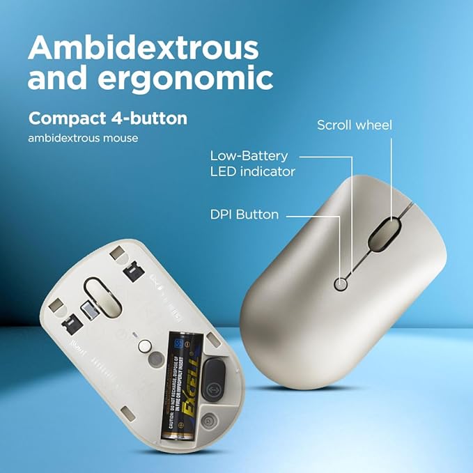 Lenovo 540 Wireless Computer Mouse for PC, Laptop, Computer with Windows or Chrome OS - 2.4 GHz USB-C Wireless Pairing Receiver - Compact Size - 18-Months Battery Life - Ambidextrous -Sand