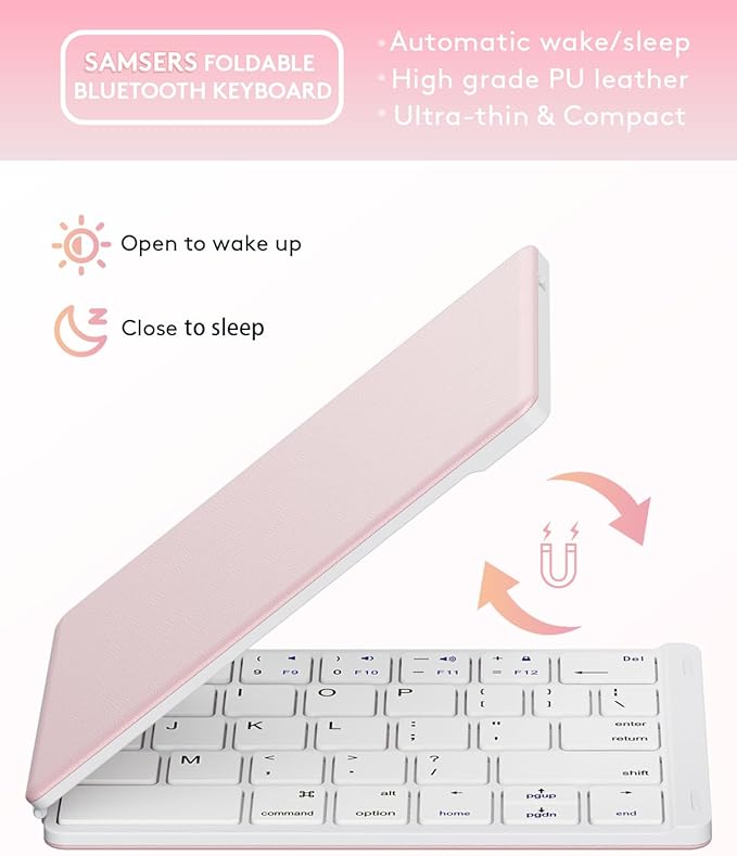 Samsers Foldable Bluetooth Keyboard - Portable Wireless Keyboards with Stand Holder, Rechargeable Full Size Ultra Slim Folding for iOS Android Windows Smartphone Tablet and Laptop, White-Pink