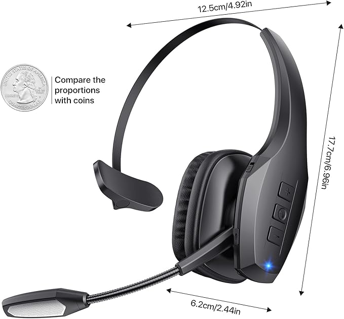 Trucker Bluetooth Headset, Wireless Headset with Mic, Bluetooth Headsets with Dual Noise Cancelling Microphone & Mute Button, 55Hrs Working Time PC Headsets for Cell Phones, Computer, Truck Driver