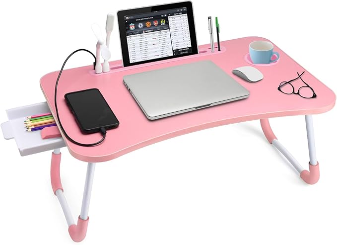 Slendor Lap Desk with Tablet Slot, Foldable Laptop Table with Storage Drawer for Bed，Portable Bed Desk for Laptop, Computer Tray with Cup Holder Notebook Stand Reading Holder for Couch Floor, Pink