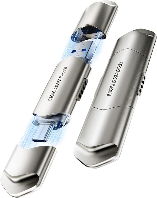 MOVE SPEED USB Drive 512GB External SSD 1000MB/s USB 3.2 Gen2+USB C Dual Ports Portable Zinc Alloy Thumb Drive Stick, External Drive with Metal Casing for iPhone 15/16/17 Series/Mac/Android Phone