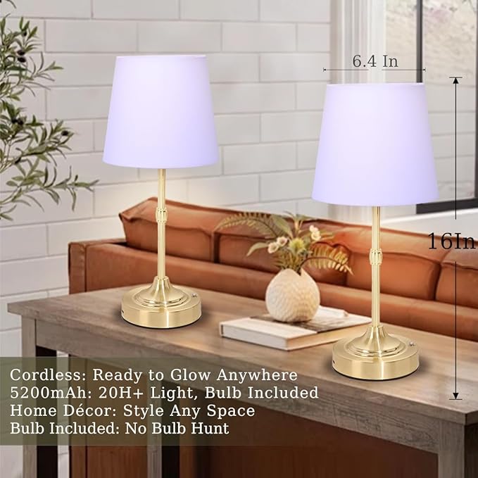 Cordless Lamp, Rechargeable Battery-Operated Lamp with Fabric Lampshades, 2 Pack Dimmable Desk Lamps for Kitchen, Bedroom, Living Room, Nightstand, Balcony, Home Décor (Gold)