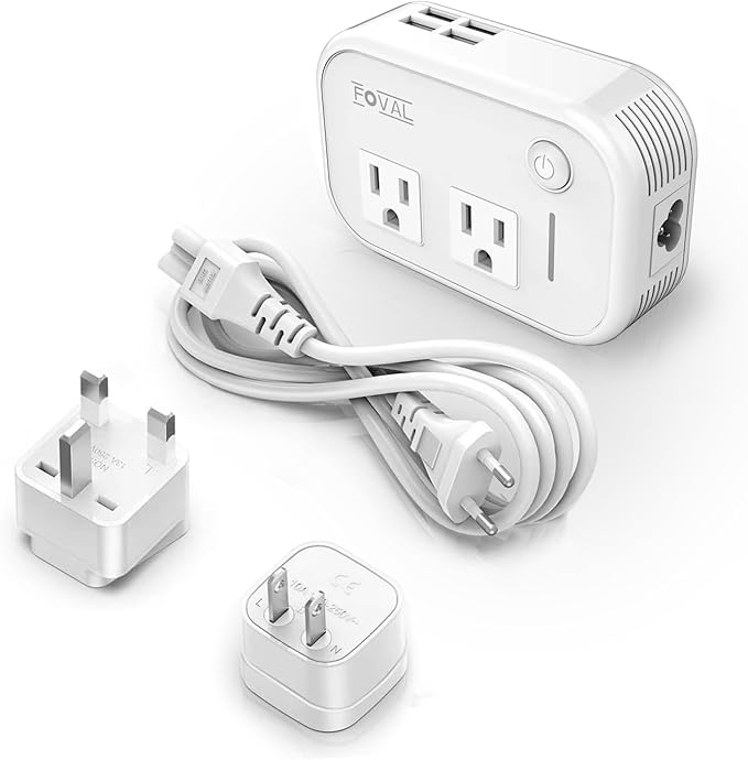 FOVAL Power Step Down 220V to 110V Travel Voltage Converter International Power Adapter for Hair Straightener/Curling Iron with 4-Port USB Charging US/UK/AU/EU Universal Plug Adapter (White)