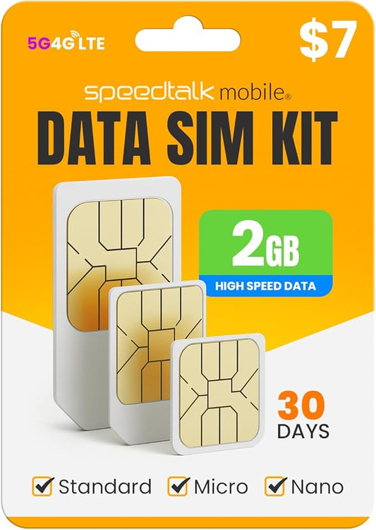 SpeedTalk Data Only SIM Card Prepaid USA Coverage | 2GB for 30 Days | 5G/ 4G LTE Network for IoT, GPS Trackers, Tablets, Trail Cameras | Triple Cut 3-in-1 SIM Kit | No Voice & No Text