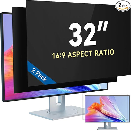 [2-Pack] 32 Inch Computer Privacy Screen Filter for 16:9 Widescreen Monitor, IPROKKO Removable 32in Anti Blue Light Glare Privacy Shield, Anti Spy Security Protector for Hp Dell Asus Acer Samsung View