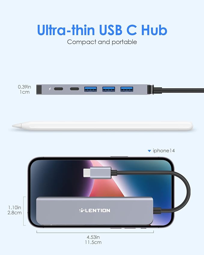 LENTION USB C Hub, Multiport with 4K HDMI Port, 3xUSB-A Ports, USB-C Data Port, 100W PD Port, Compatible New MacBook Pro/Air, iPhone 15 Pro/Pro Max, Surface, Chromebook, More(CE35s, Gray)