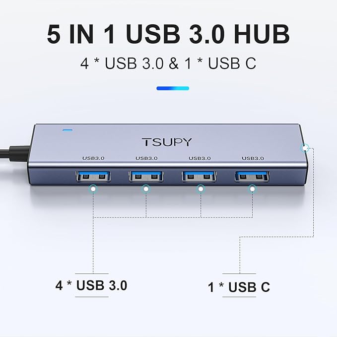 USB 3.0 HUB, TSUPY USB Splitter with 5 USB Ports and 4ft Extended Cable,Ultra-Slim Aluminium Data Hub Multi USB 3.0 Adapter HUB Compatible for Laptop,MacBook,PC, Printer, Mobile HDD and More