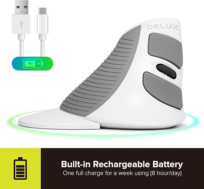 DeLUX Rechargeable Ergonomic Wireless Mouse Silent, 1600DPI, Reduce Hand and Wrist Pain, Vertical Mouse with USB Receiver and BT 5.0, 6 Buttons and Removable Palm Rest (M618G DB-White)